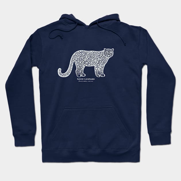 Snow Leopard with Common and Latin Names - on dark colors Hoodie by Green Paladin